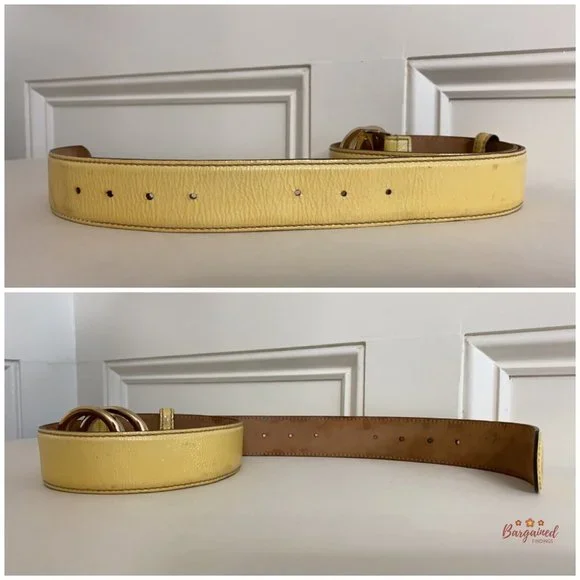 Authentic Gucci Yellow Patent Leather Gold Interlocking G Buckle Belt 85/34